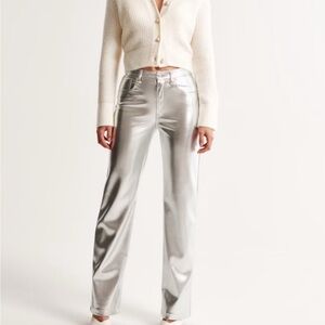 Metallic Silver Straight-Leg Pants